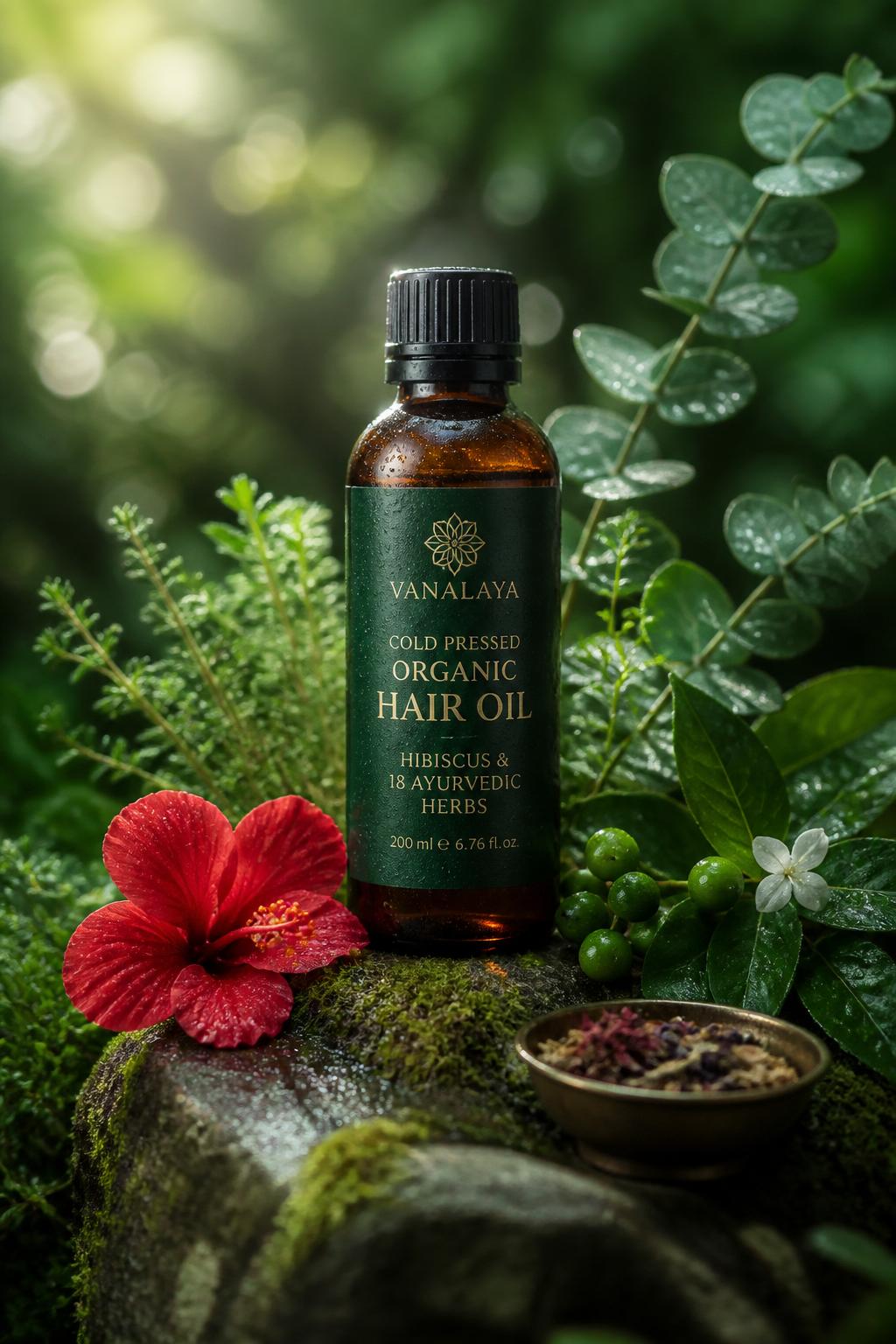Organic Nursh cold-pressed herbal hair oil resting on moss with hibiscus and eucalyptus