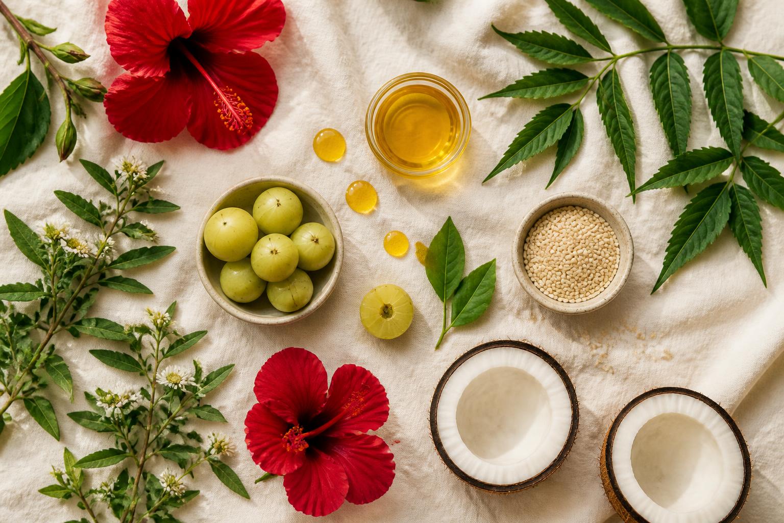 A still-life of botanicals — hibiscus, amla, bhringraj, coconut, sesame, pumpkin seed